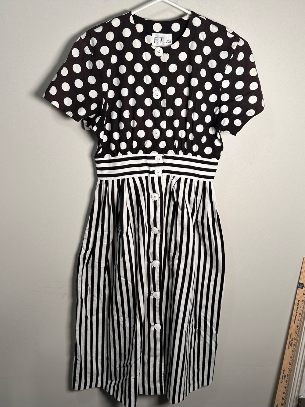 Vintage F T Ltd Dress Striped Polka Dot 100% Cotton, Size 10